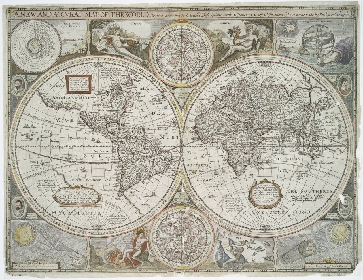 新しい正確な世界地図、1676年（手描きのプリント）